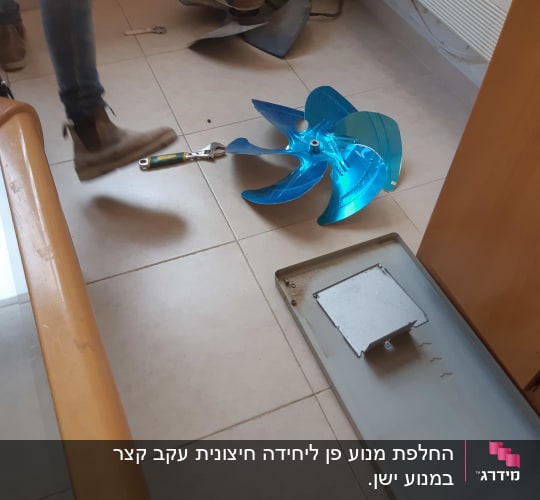 מאוורר כחול וכלים על רצפה ליד מזגן
